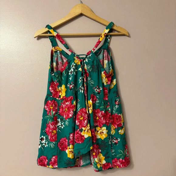 Torrid Fit And Flare Rayon Slub Lace-Up Back Tank Floral Green Women Size 1X - Picture 8 of 9
